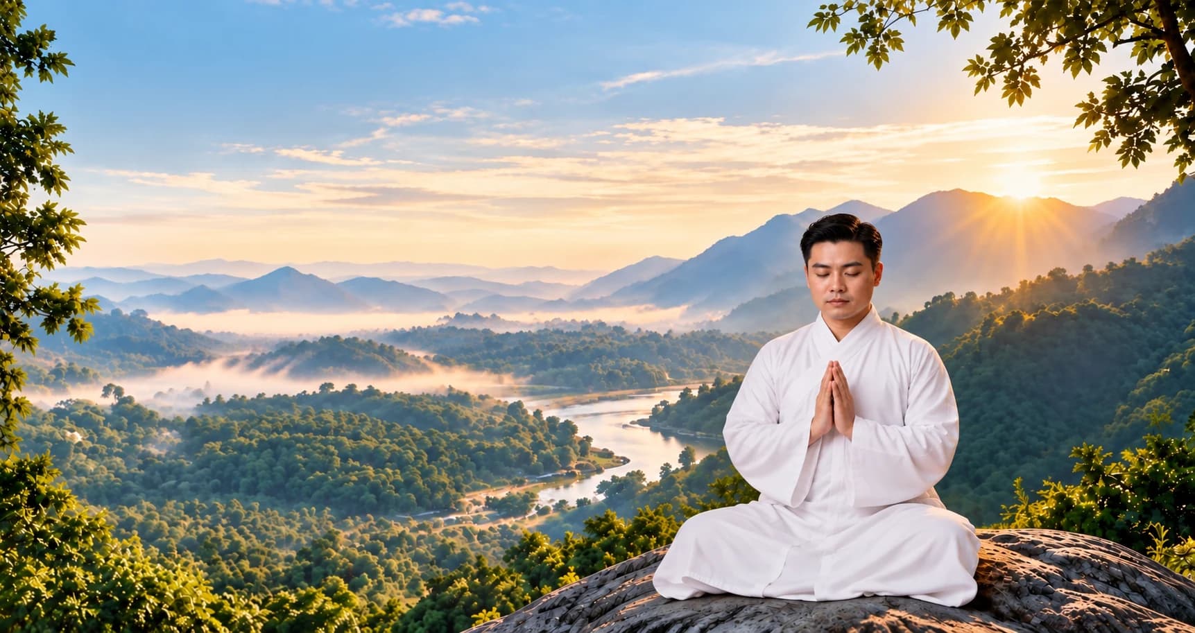 Master Lê Thái Bình ngồi thiền trên đá, chắp tay giữa thung lũng núi sông lúc bình minh