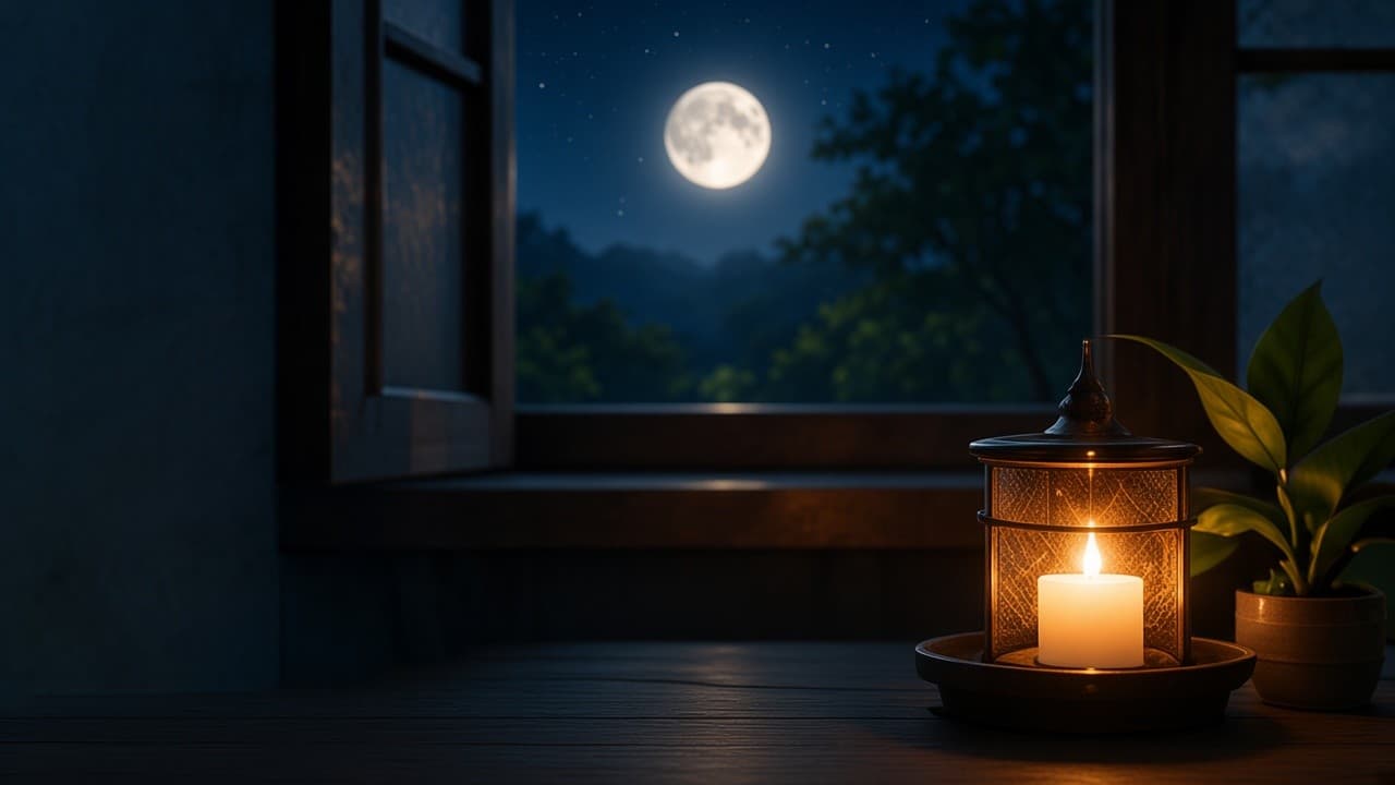 Đèn lồng nến và trăng ngoài cửa sổ