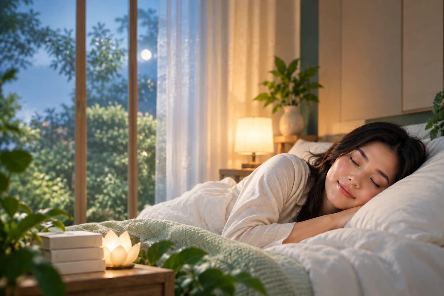 Người phụ nữ ngủ yên bên cửa sổ đêm, đèn sen và sách trên bàn gỗ