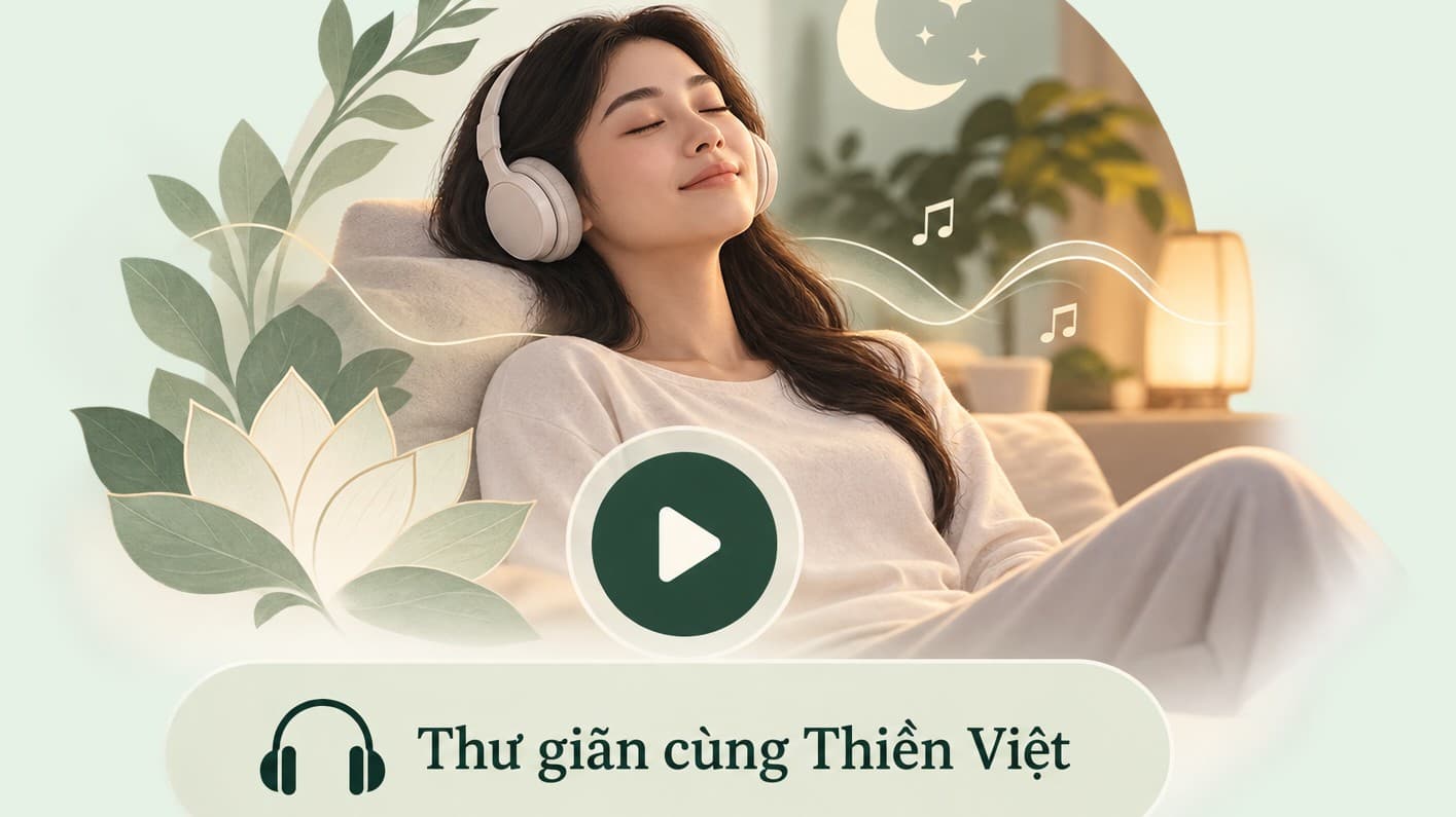 Người đeo tai nghe, nhắm mắt thư giãn
