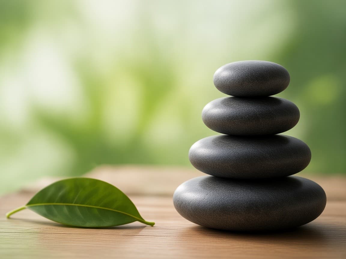 Viên đá cân bằng trên bàn gỗ